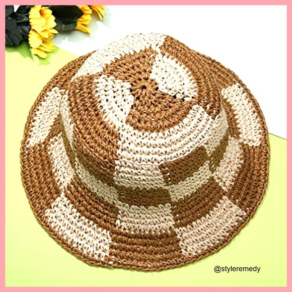 Straw Checkerboard Bucket Hat Packable Wide Brim Floppy Beach Sun Hat